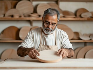 Handcrafted Elegance Indian Artisan (40s) Showcases Wooden Crafts for Online Store in Warm Natural Light Digital Marketing and Craftsmanship in Modern Retail