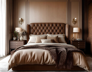 Fototapeta premium Elegant Bedroom Design Featuring Mocha Mousse Color Scheme