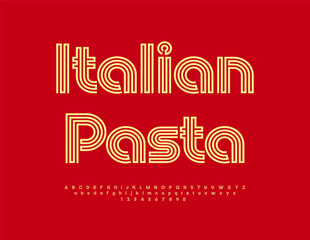 Vector Advertising Italian Pasta. Exclusive Bright Font. Cool Artistic Alphabet Letters and Numbers.