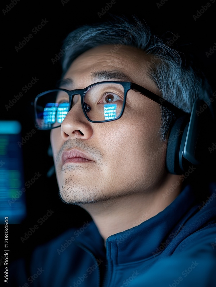 Poster minimalist tech workspace asian male city hotline operator (28) navigating multi-screen setup - enha