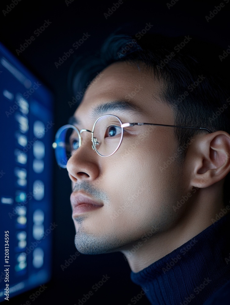 Poster Contemporary Office Aesthetic Focused Asian Male Utilizing Multi-Screen Setup for Efficient Customer Support - Tech-Driven Communication in Modern Public Service Workspace