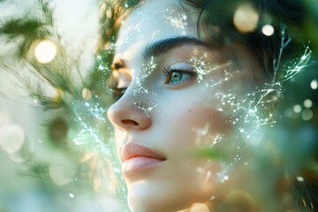 serene portrait of person surrounded by ethereal augmented reality elements that enhance their features while blending