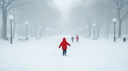 Winter Serenity in Urban Parks Snow-Covered Pathway with Children at Play - Seasonal Lifestyle Imagery and Weather-Responsive Urban Planning for Community Engagement