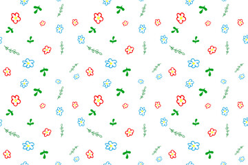 Hand drawn red blue flowers green leaves on isolated background Vector seamless pattern Textiles Fabric Wallpaper Wrapping paper Children's drawings Spring summer mood 