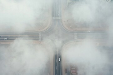 Contemporary Urban Air Quality Visualization Aerial City Intersection Shrouded in Smog - Environmental Health Insights and Pollution Control Strategies for Future Urban Planning