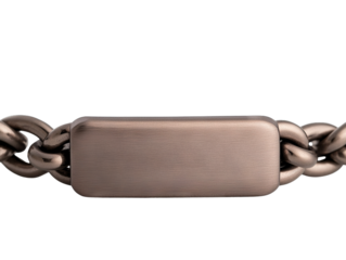 Close-up of a chain link with blank tag industrial setting product photography minimalist style