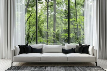 Minimalist Modern Living Room with White Sofa and Black Pillows Against Window with Forest View