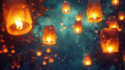 Enchanting Night Sky Filled with Floating Lanterns, Creating a Magical Atmosphere of Light and Wonder Amidst a Serene Dark Background and Sparkling Stars