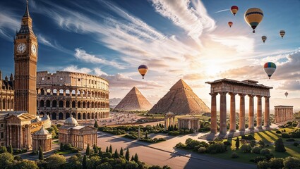 A sprawling landscape featuring iconic monuments from around the world, set against a captivating sky with a mix of wispy white clouds and patches of brilliant blue, evoking a sense of wonder and adve