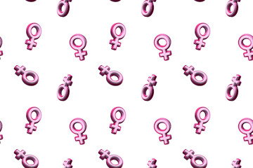 Pink female gender symbol on isolated white background 3d rendering Seamless pattern International women's day background Minimalistic design for femininity concept Wrapping paper Wallpaper template