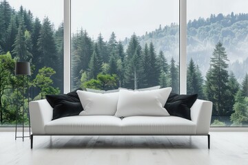Modern Living Room Interior Design with White Sofa and Black Pillows by Window Overlooking Forest View