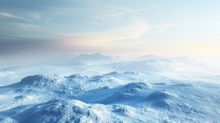 Fototapeta premium Serene Winter Landscape with Soft Lighting and Gentle Snow-Covered Hills Under a Blue Sky, Perfect for Nature and Travel Themes