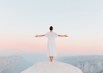 Serenity Sunrise Retreat Latina Woman Embracing Mindfulness in White Flowing Dress - Wellness Retreats and Mental Clarity Imagery for Modern Lifestyle Brands