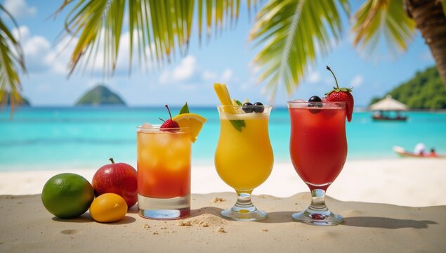 Three colorful cocktails against a backdrop of tropical beach scenery - Powered by Adobe