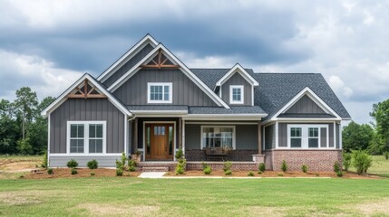 A front door and covered porch on a house with gray siding generative ai
