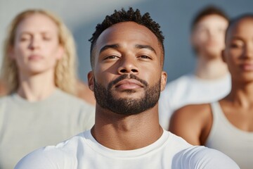 Obraz premium Serene Urban Meditation Athletic Black Male Leading Mindfulness Group in Natural Textures for Wellness Programs and Mental Health Campaigns in Community Parks