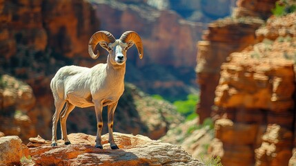 Majestic desert bighorn sheep standing on a rocky outcrop.
