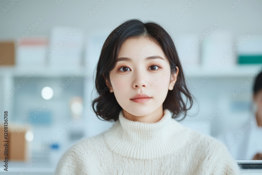 Poster modern public service interaction korean woman at government counter with tablets and safety screen 