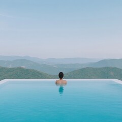 Fototapeta premium Serene Luxury Retreat Modern Infinity Pool Overlooking Majestic Mountains - Exclusive Travel Content and Wellness Resort Experience for Upscale Vacation Marketing