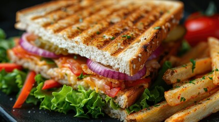 A delicious grilled sandwich with fresh vegetables and crispy fries on a black plate.