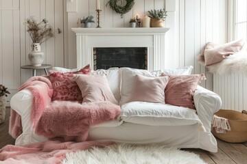 Scandinavian hygge home interior design showcasing a white sofa with pink pillows, fur, and woolen blankets near a fireplace in the living room.