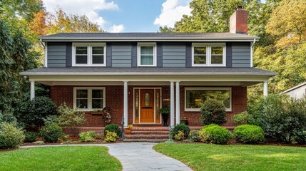 Fototapeta premium A front door and covered porch on a house with gray siding generative ai