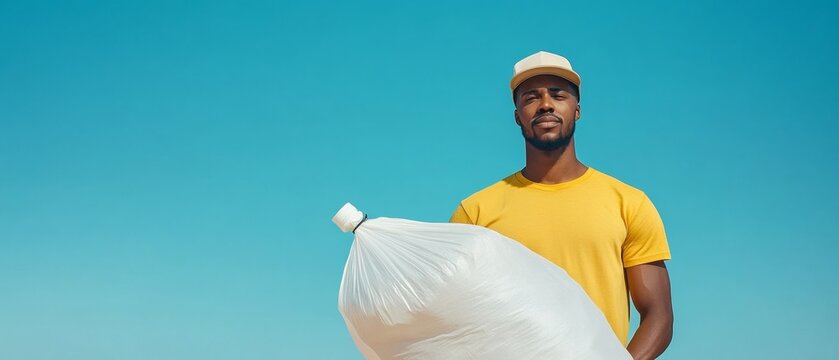 Eco-Friendly Beach Cleanup Campaign Young Black Man with Biodegradable Bag on Scenic Sandy Shore - Sustainable Community Initiative and Ocean Preservation