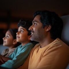 Fototapeta premium Smart Tech Fandom South Asian Family Engaging with Multiscreen Sports in Chic Living Room - Innovative Entertainment and Virtual Stadium Experience
