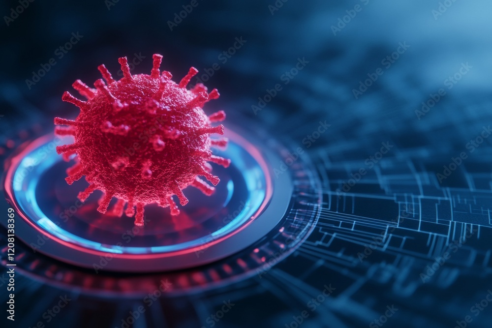 Aufkleber vivid abstract visualization hyper-detailed coronavirus particle in blue and red against digital bac