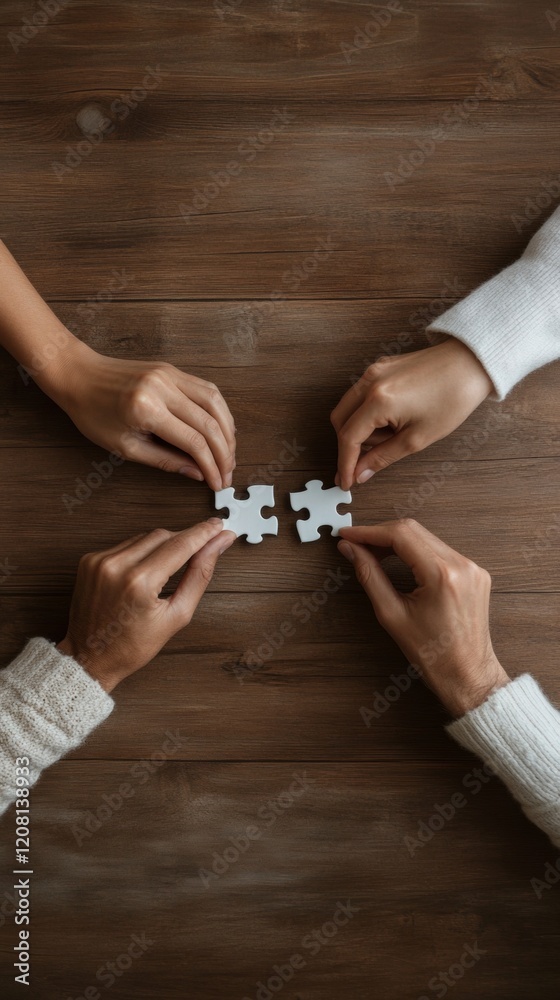 Aufkleber harmony in diversity close-up of diverse hands assembling puzzle pieces on wooden surface - enhancin