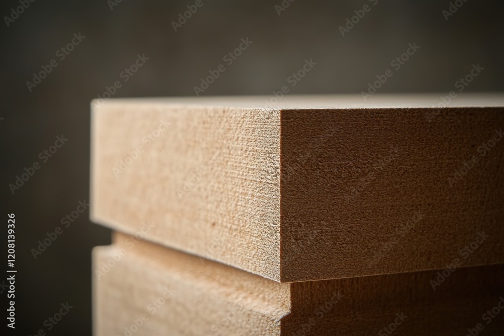 Poster Wood block showing detailed grain patterns and edges in a simple workshop setting with blurred background