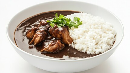 Bowl of rich mole sauce served with rice and chicken on a white background