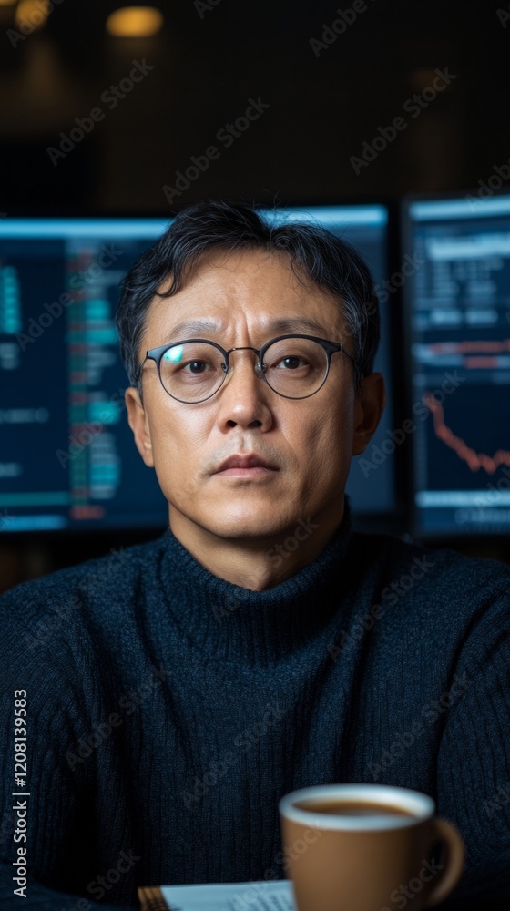 Poster Tech-Driven Trading Strategy South Korean Stock Trader Analyzing Digital Exchange Rate Data - Modern Financial Insight and Market Volatility Management