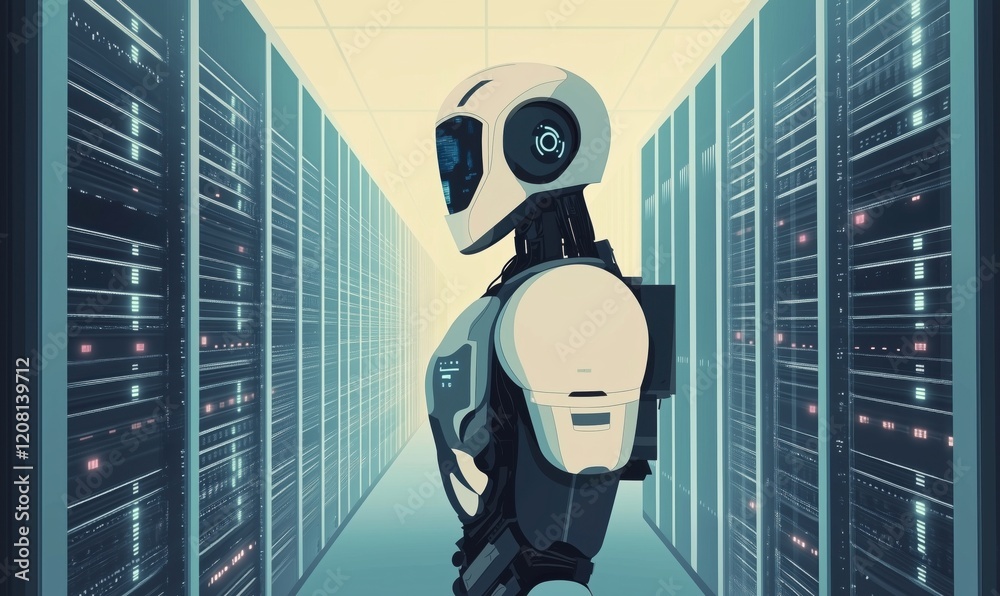 Poster futuristic humanoid robot in data center, showcasing advanced technology and artificial intelligence