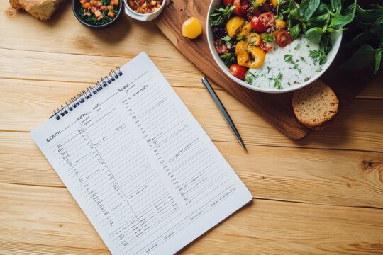 structured diet concept with visual breakdown of weekly meals displayed in neat and organized planner format on wooden