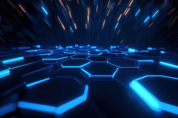 Obraz premium Futuristic 3D Hexagon Design with Illuminated Blue Technology and Sleek Geometric Patterns for Modern Abstract Visuals