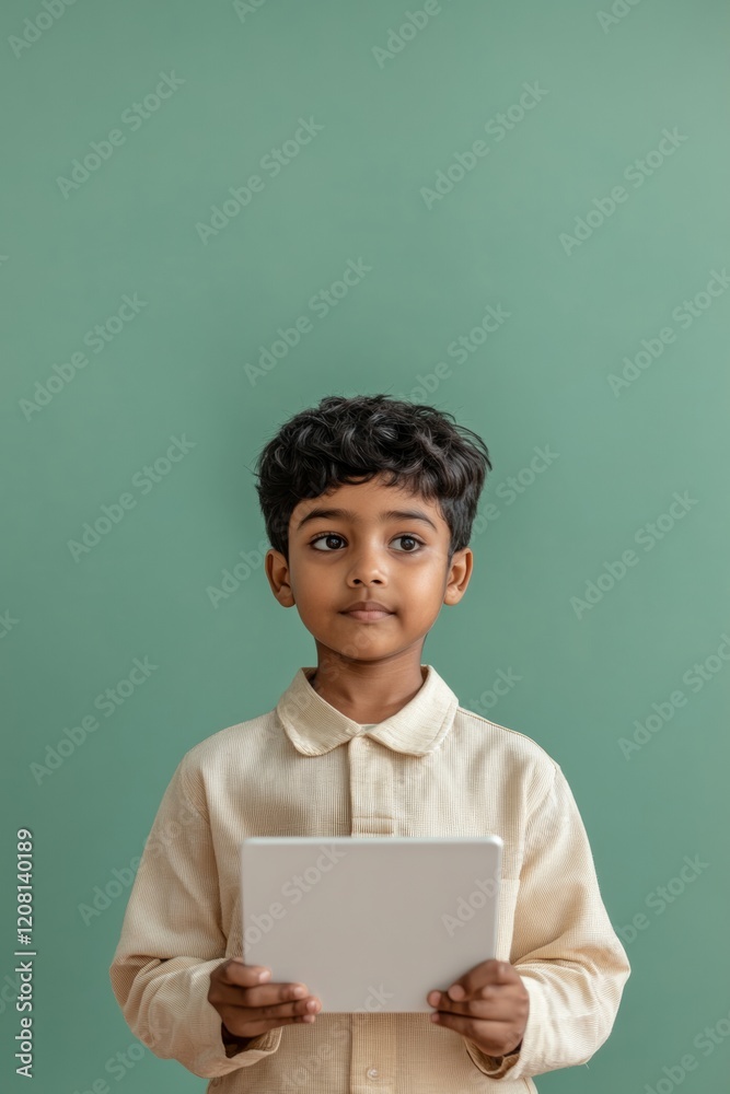Poster contemporary educational reform visualization indian teacher with tablet in project-based evaluation