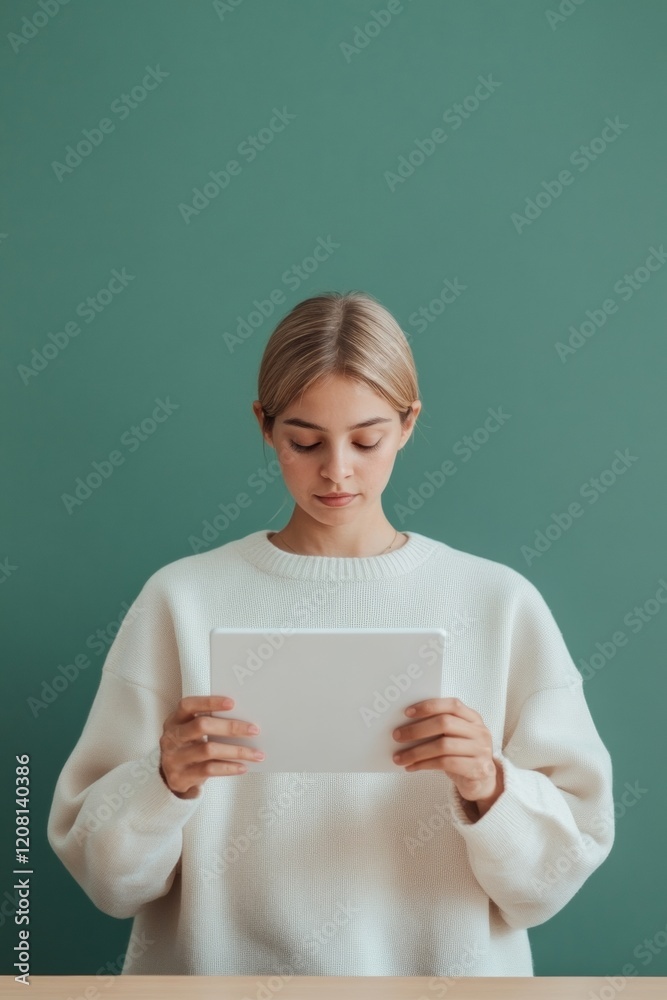 Aufkleber modern digital learning aesthetics woman engaged with tablet on minimalist green background - educat
