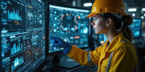 a woman in a hard hat and yellow safety vest is looking at a computer screen
