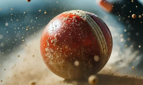 Cricket ball covered in sand captured mid-motion on dusty ground. Dynamic sports imagery highlights energy, action, and passion for cricket in close-up detail.