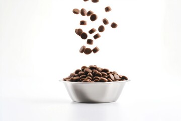 Dry pet food falling into metal bowl	