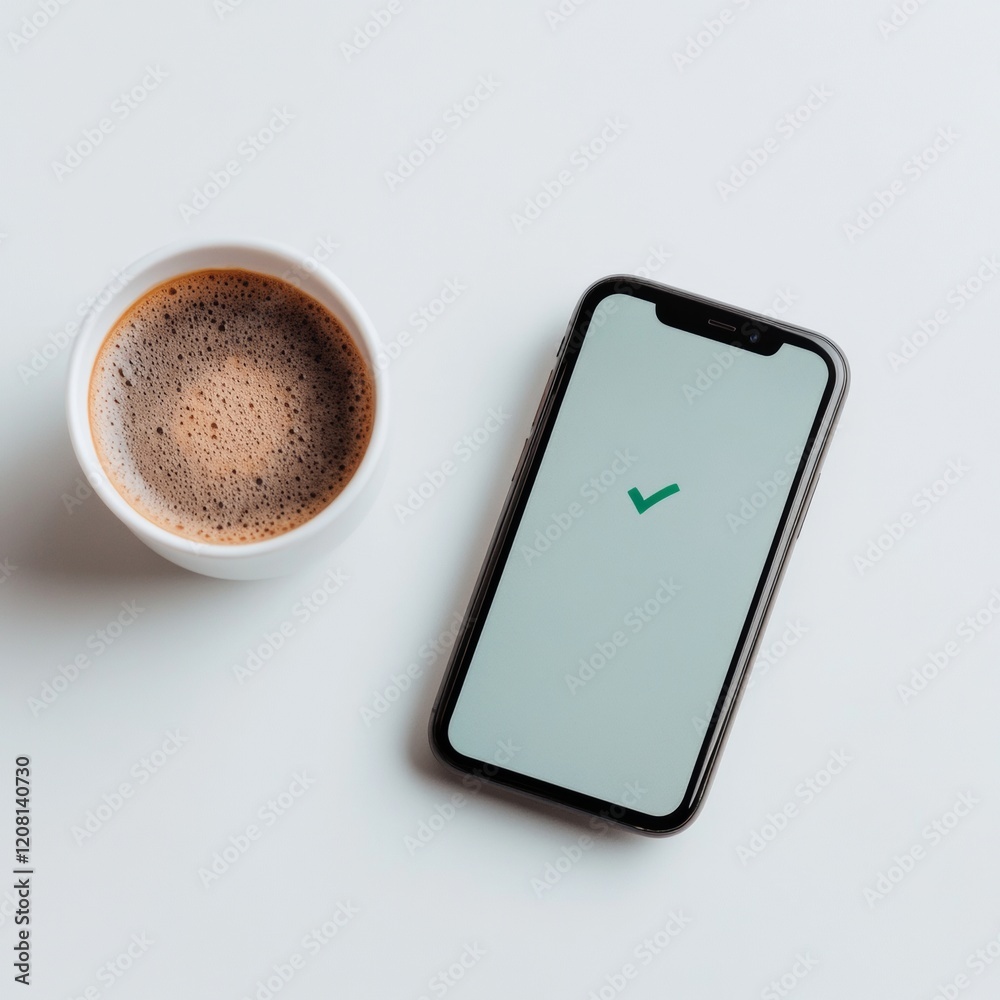 Poster Minimalist Mobile Payment Interface Smartphone with Secure Payment Notification on White Desk - Enhancing Digital Banking for Modern Business Transactions and Financial Security