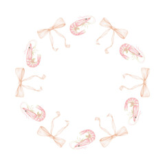 shrimp, bow. Watercolor round frame on white background in pastel colors. Cute seafood illustration for textile and wrapping paper