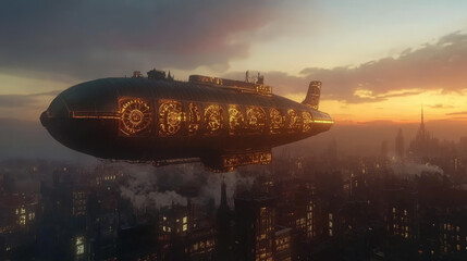 Naklejka premium Ein riesiger Steampunk Zeppelin fliegt über eine futuristische Skyline, seine Oberfläche mit Zahnrädern und Rohren verziert, während er im Dämmerlicht leuchtet