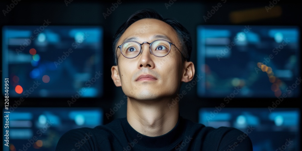 Poster digital vigilance asian male analyst in blue-hued tech workspace - monitoring misinformation trends 