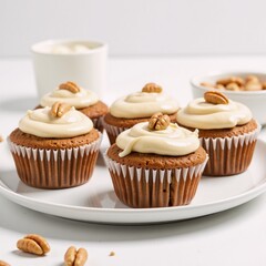 Vegan Carrot Muffins adorned with crunchy nuts  served on a pristine platter evoking a health-conscious treat