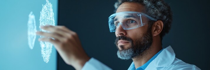 Futuristic Tech Showcase Latino Male (35) Demonstrating AI Fact-Checking Tools on Large Display - Innovation in Business Analytics and Verification Technology