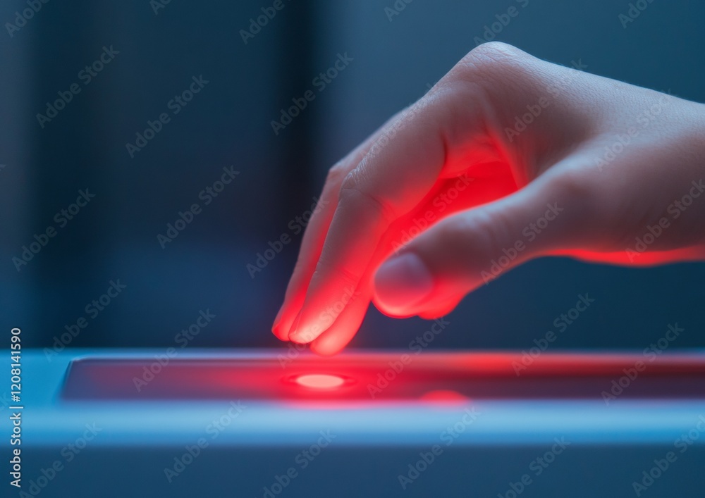 Poster futuristic civic feedback interface citizens hand interacting with digital rating panel in sleek urb