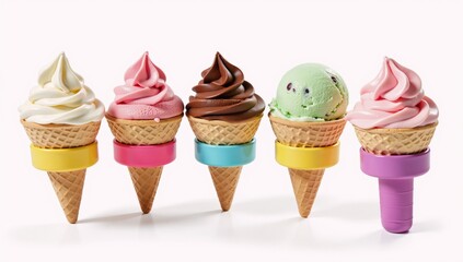 Ice creams on cones are depicted against a clean white backdrop Isolated Cones of Ice Cream