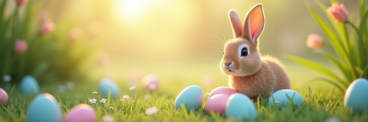 A cute bunny surrounded by colorful Easter eggs, set against a bright, cheerful background. Perfect for holiday promotions, greeting cards, or festive decorations.
